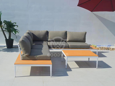 Marco de aluminio de muebles de exterior en forma de L con juego de sofá de madera de PVC
