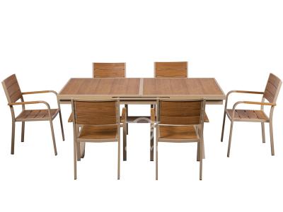 Muebles de exterior, juego de mesa de comedor extensible de madera y plástico