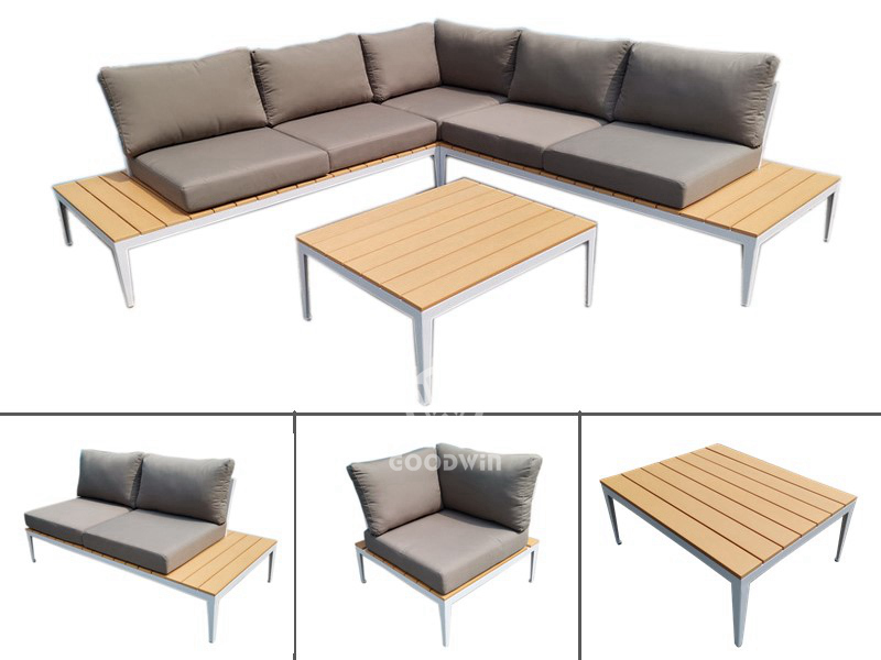 Marco de aluminio para muebles de exterior en forma de L con juego de sofás de madera polivinílica